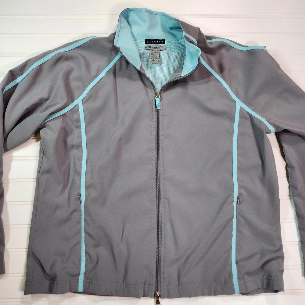 Oleg Cassini Play Dry Full Zip Jacket Athletic Gray Aqua Trim Size XL